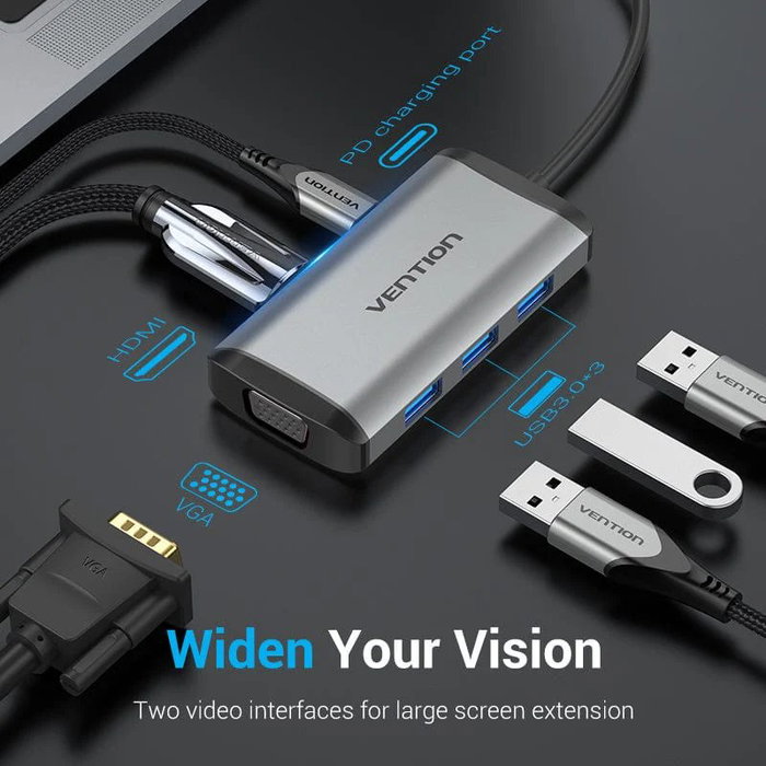 Vention Docking Station TGSHB USB-C con HDMI 4K, VGA, 3x USB 3.0 y PD Gris